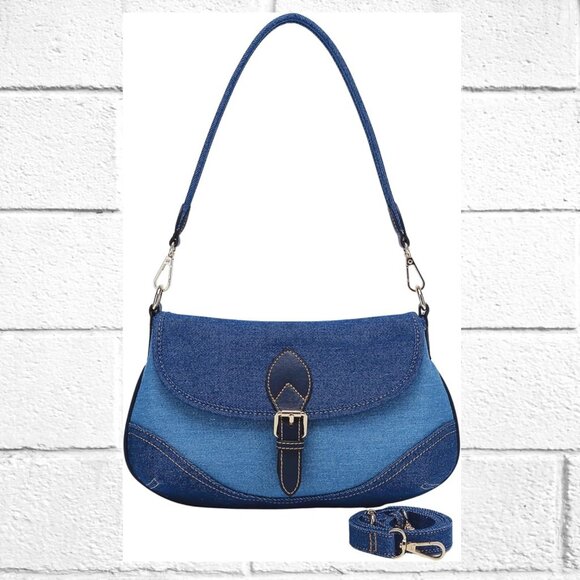 NWOT! Two-tone Blue Denim Shoulder Crossbody Purse with Two Detachable Straps - Picture 2 of 15